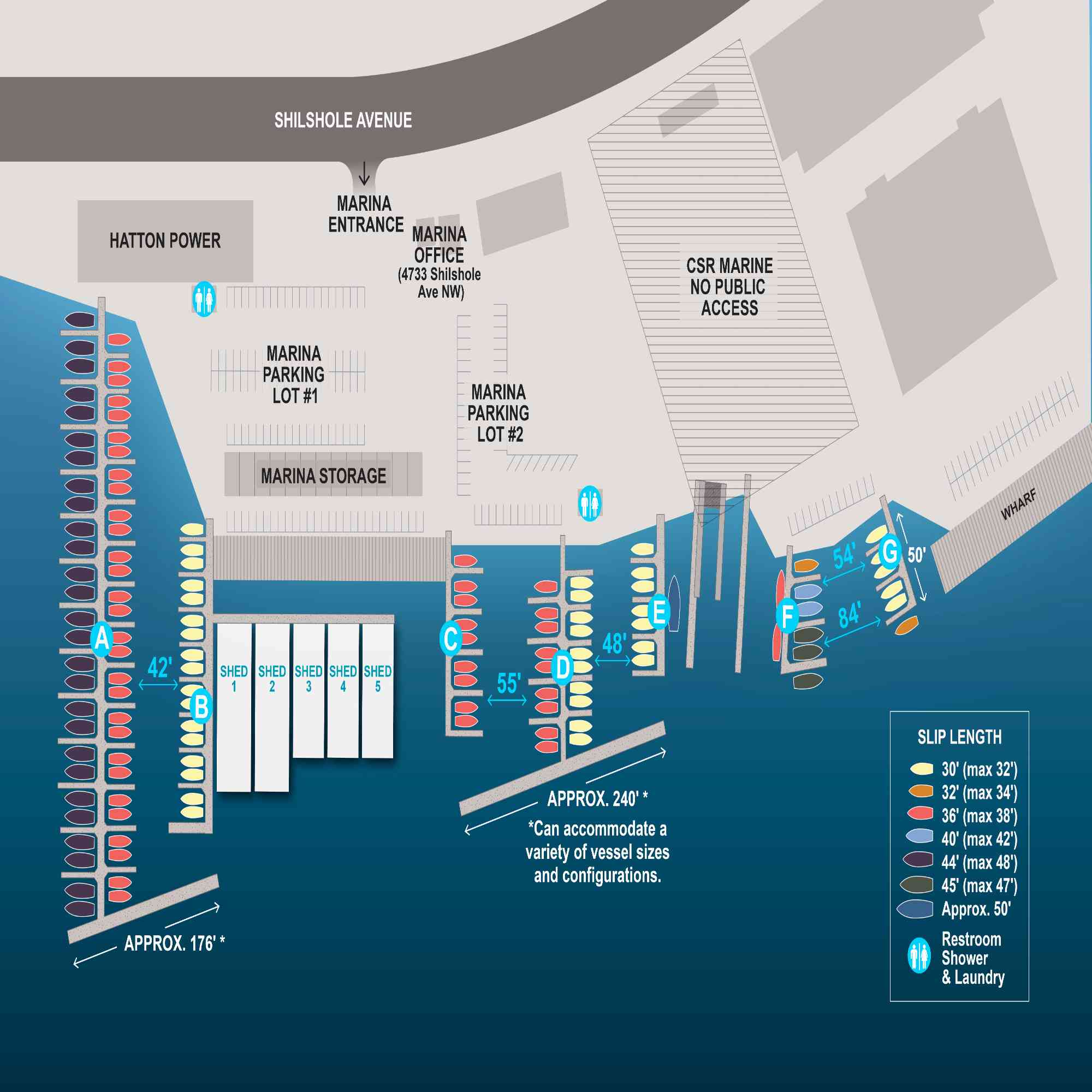 Illustrated slip map of Ballard Mill Marina with docks A through G.